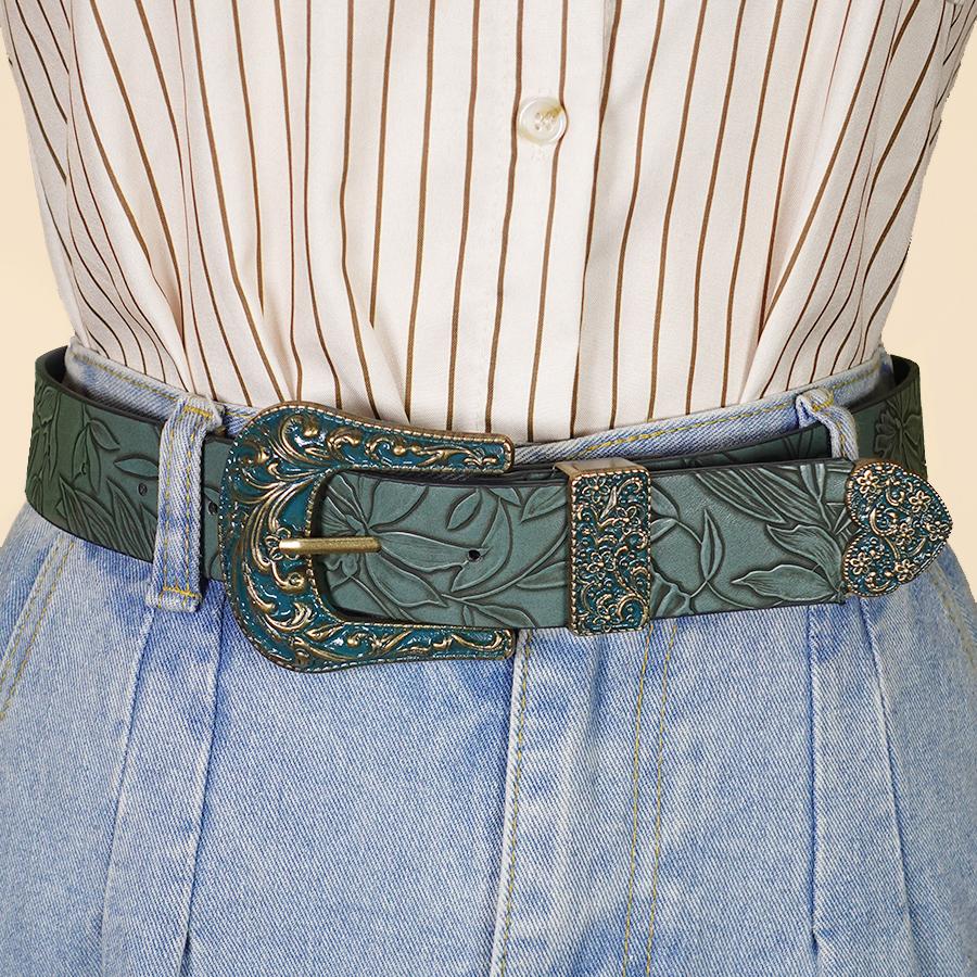Vintage Dark Color Carved Women's Belt with Leaf Print, Versatile for Autumn and Winter Casual Belt, Daily Commuting Decoration