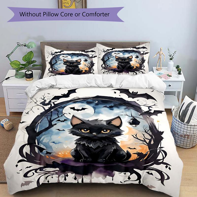 3pcs Noble Black Cat Art Printed Quilt Set - Includes 1 Quilt Cover and 2 Pillowcases, Machine Washable - Suitable for All Seasons.H071