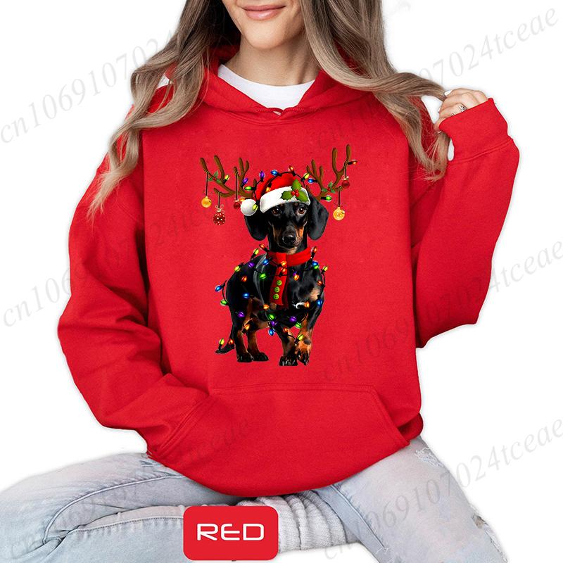 Christmas Dachshund Printed Hooded Sweatshirt Merry Christmas Women's Loose Hoodies Xmas Dog Cartoon Anime Hoody Clothing