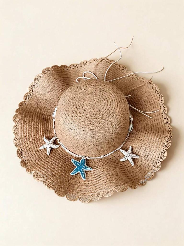 Womens Bohemian Straw Hat With Starfish Decor Ocean Theme Casual Beach Sun Hat