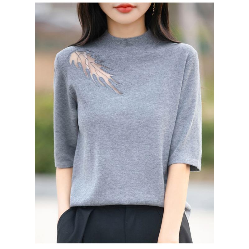 

Женская весна-лето, новый свитер из шерстяной камвольной вязки с полувысоким воротом и рукавами средней длины, кружевная рубашка с низом, тонкая футболка XL серый