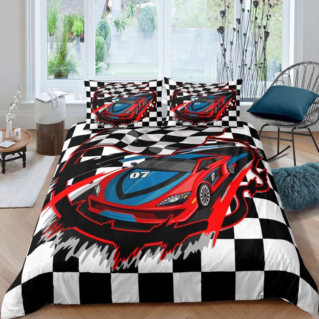 Race Car King Queen Duvet Cover Cool Speed Racing Bedding Set Teens Men Black Sport Car Quilt Cover Polyester Comforter Cover