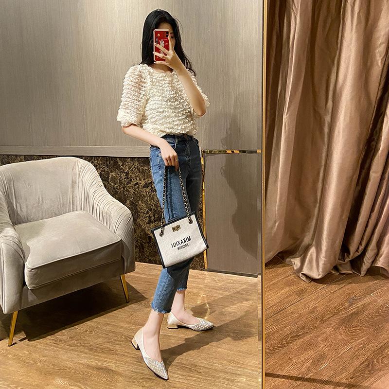 New Low-Heel Classic Fashion Versatile Pointed Toe 3cm Chunky Heel Shallow Mouth Rhinestone Pearl Mesh Women'S Shoes
