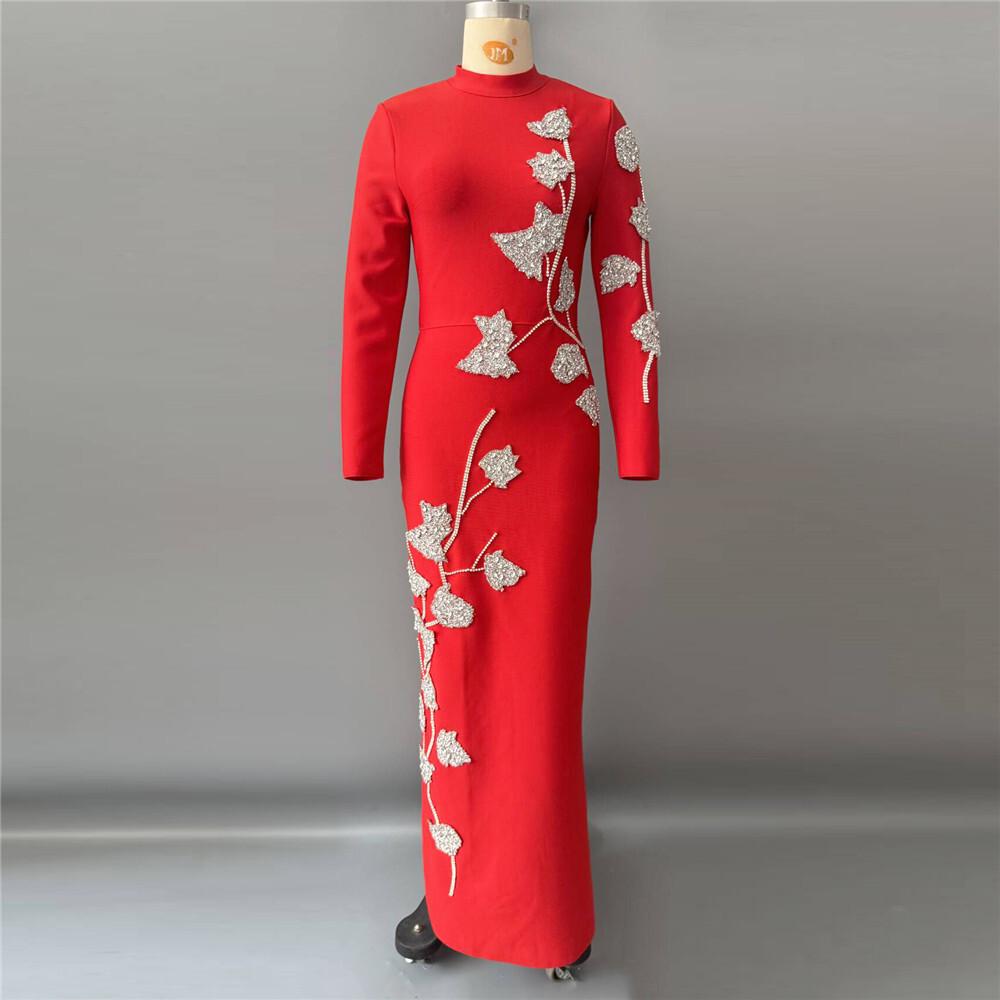 European-Style Rhinestone Beaded Slim Fit Evening Gown with Long Sleeves