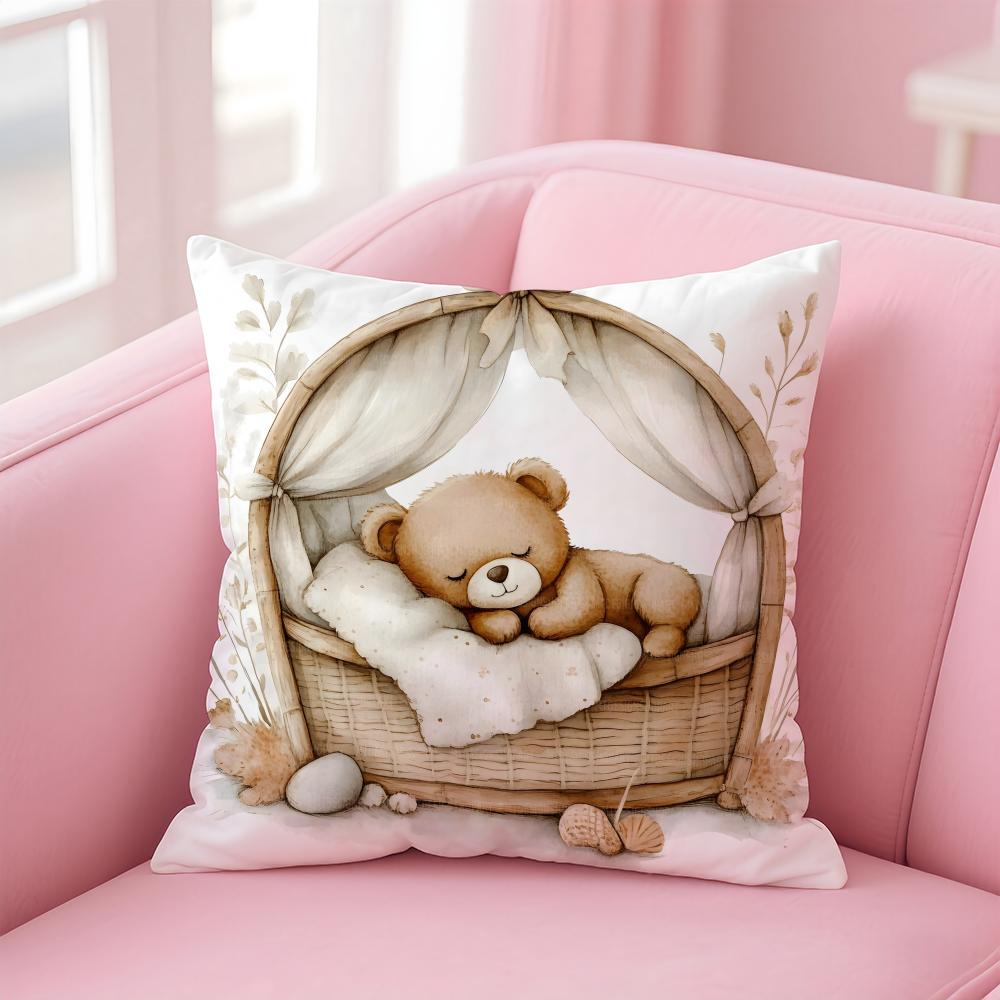 Cute Accompany Children Teddy Bear Cushion Cover Linen Pillowcase Cover Soft Decor for Sofa Home Room