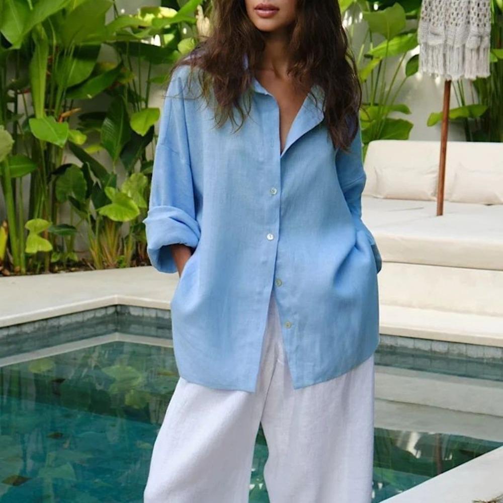 New Summer Cotton Linen Long Sleeve Flounce Blouse For Women