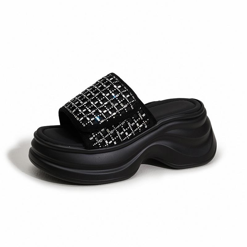 Fashion 8CM Summer High Heels for Women Leisure Fashion Slippers Female Wedges Platform Shiny Rhinestone Slides Ladies Shoes Tide