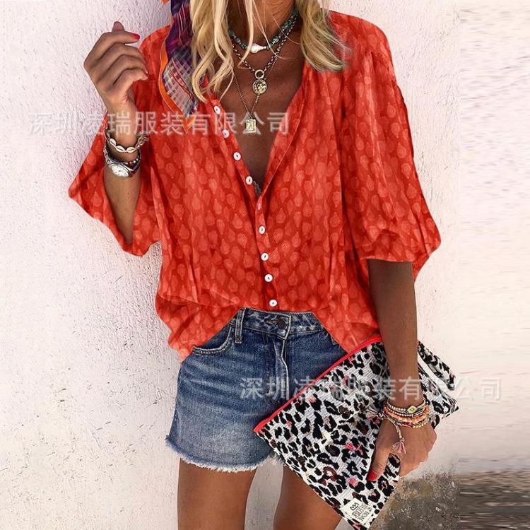 Printed Long Sleeve Loose Shirt Top Women Single Breasted Lapel Autumn Spring
