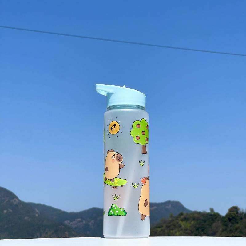 750ml Capybara Printed Water Bottle With Straw Sippy Cup Leakproof Plastic Water Bottles For Outdoor Sports Camping Drink Cup