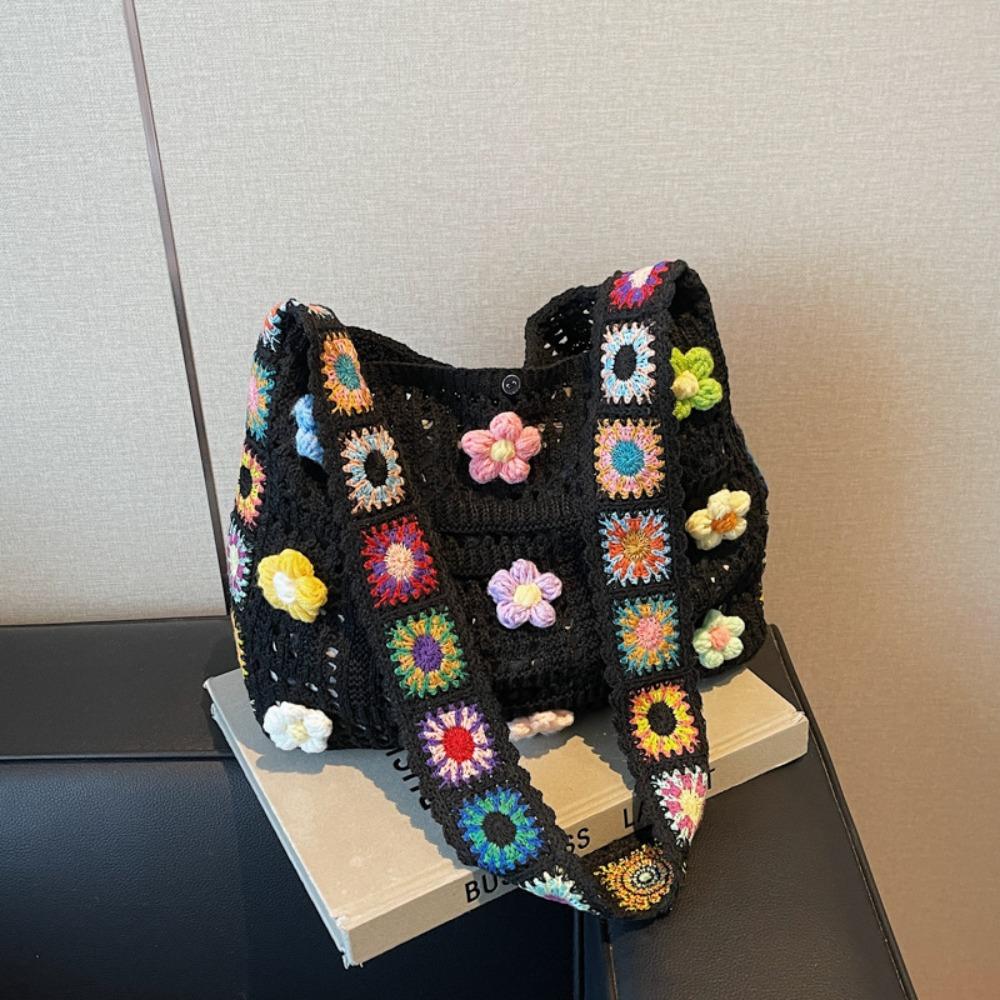 Fashion Large Capacity Women Shoulder Bag Boho Vintage Crossbody Bags Multicolor Floral Crochet Handbag
