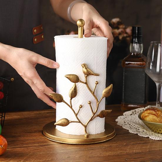 Yangyizhi Paper Towel Holder Countertop, Bird Ginkgo Rose Roll with Stable Base, Vintage Metal Toilet Stand for Kitchen, Living Room, Restaurant