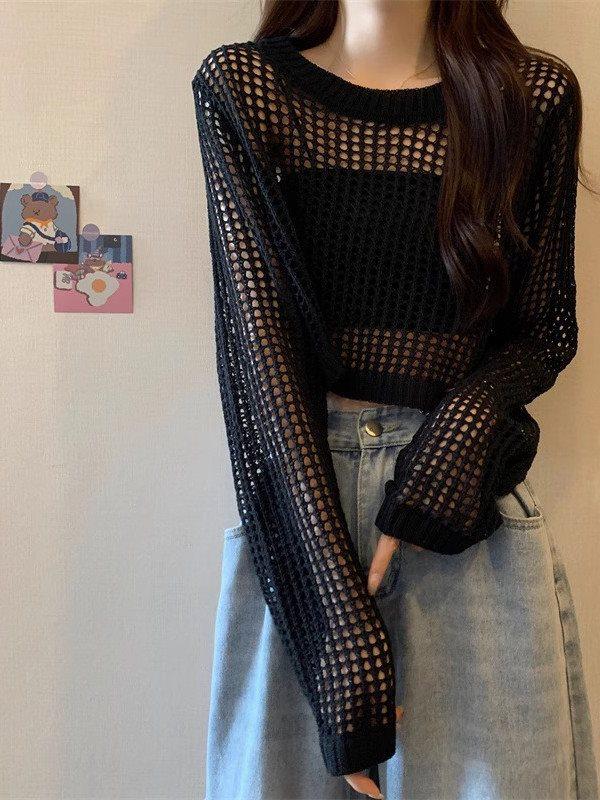 Dámský lehký prolamovaný kardigan s ochranou proti slunci - Móda jaro/léto 2025, Volný střih, Krátký zeštíhlující přehoz