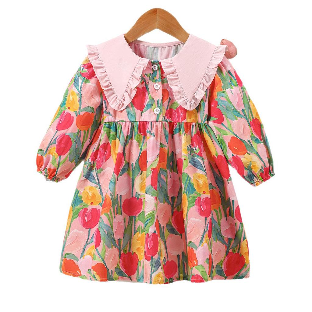 Girls Autumn Cotton Dress Tulip Print Large Collar Long Sleeve Pastoral Princess Dress For Kids
