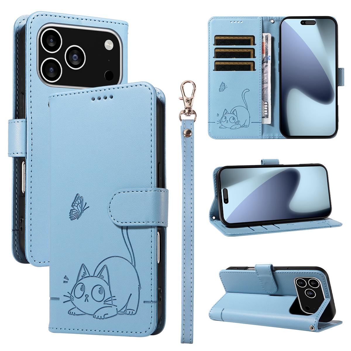 

For iPhone 17 Pro Case Cat Pattern Imprint Leather Phone Cover with Wrist Strap Sky Blue