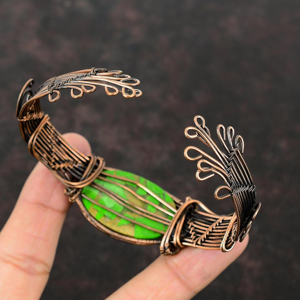 Copper Green Turquoise Bangle Gemstone Wire Wrapped Cuff Bracelet Adjustable Bangle Handmade Copper Bangle Gift For Friend Designer Jewelry