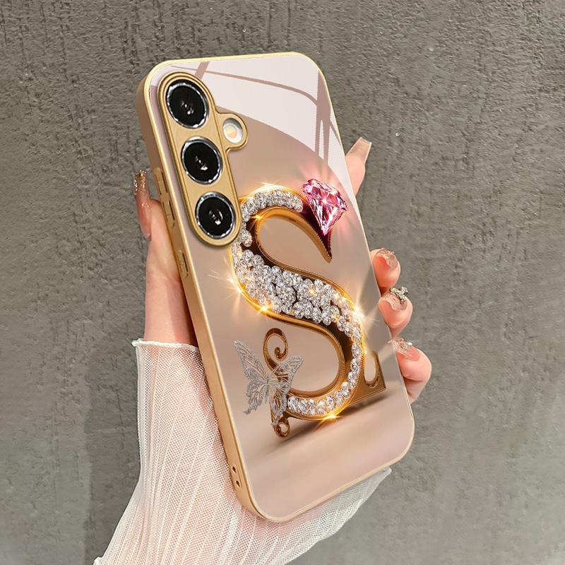 

Pink diamond letter S pattern glass phone case suitable for Samsung Galaxy S26 S25 S24 S22 S21 S20 FE/Ultra/Plus anti drop Galaxy S22 plus 5G