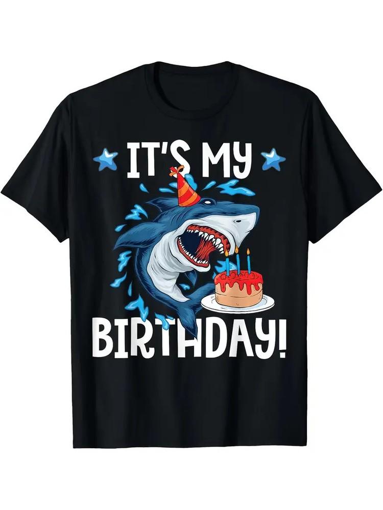 

It s My Birthday! Shark Graphic T-Shirt - 100% Cotton 220gsm Black Tee with Cart 2XL