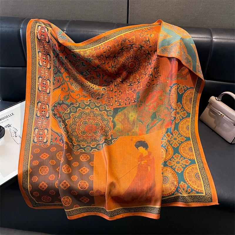 Double-Sided Faux Silk And Wool Printed Scarf For Women Spring And Autumn 90Cm Square Scarf Foulard Bandana Femmel Headscarf