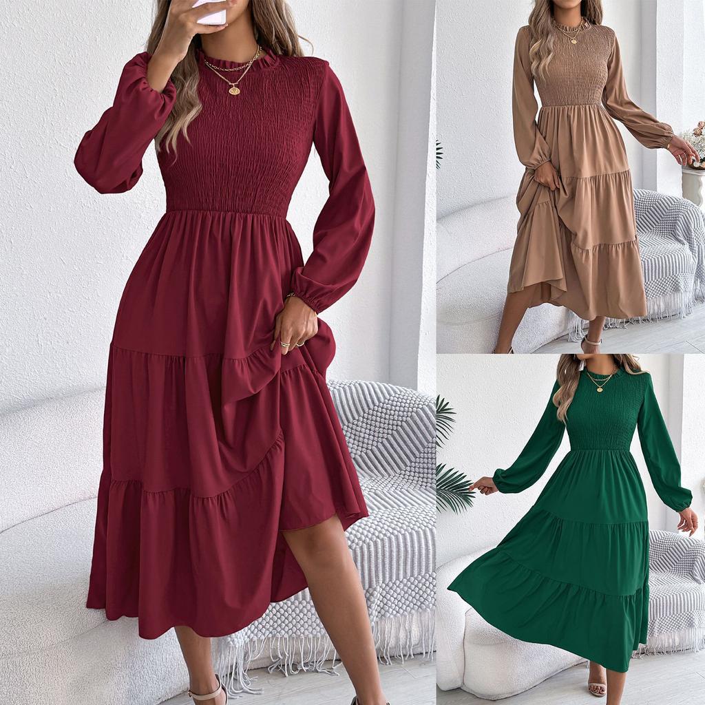 women's Ruffle Mock Neck Smocked Puff Long Sleeve Tiered Midi Dress Solid Color A Line Dress