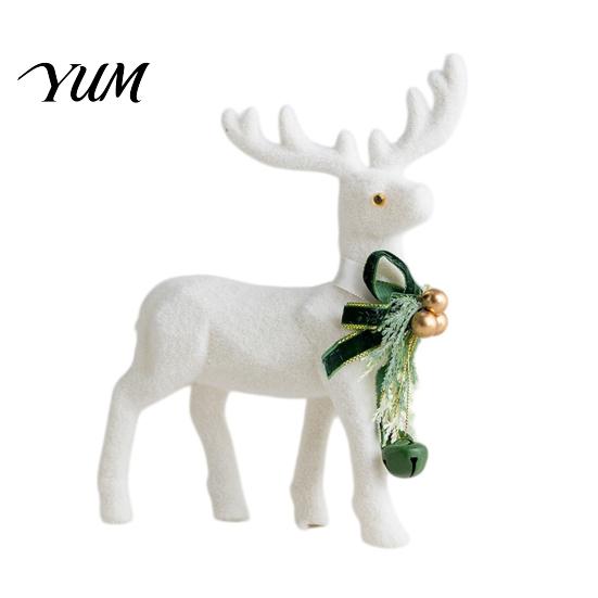 Holiday Gift Accessories with Bells White Flocked Elk Ornament, Ribbon Bell Decor 3D Standing Deer Winter Theme Table Centerpieces Figurine,