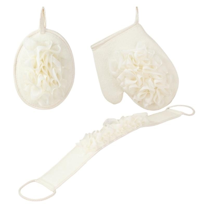 

3Pcs Premium Bath Exfoliator Set Long Handle Back Scrubber Soft Loofah Sponge Hygienic Bathroom Essential For Adults белый