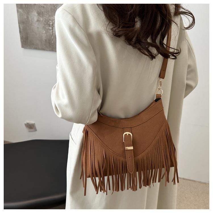 Korean Style Suede Faux Leather Square Bag Tassel Fringe Crossbody Shoulder Purse for Women