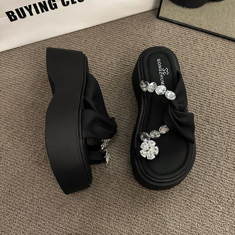 Stylish Silver Thick-soled Women's Sandals With Rhinestones For Summer Comfort