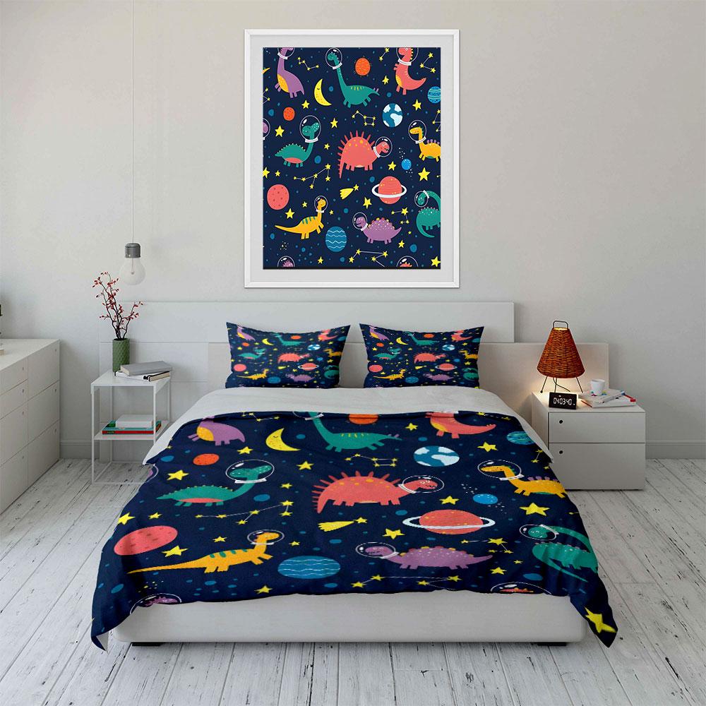 Ensemble de décoration Dinosaure de l'espace pour enfants Ensemble de literie Avec 1 housse de couette 2 taies d'oreiller Simple Double King Queen, Cadeau