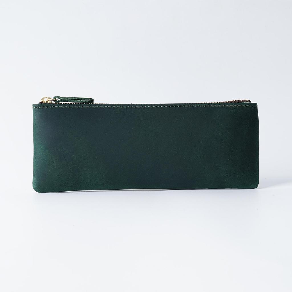 Unisex Genuine Leather Zipper Pencil Case - Handmade Retro Cowhide Stationery Box