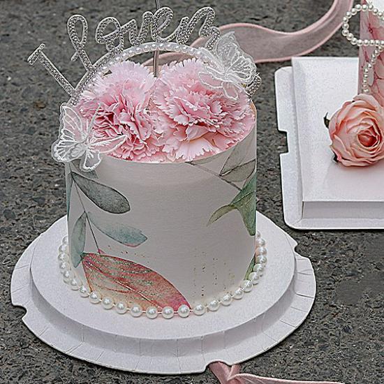 Mother's Day Floral Cake Decoration with Pearl Bow Retro Print Edging