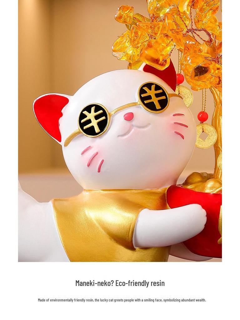 Lucky Cat Crystal Wealth Tree Ornament - High-End Housewarming Gift for New Home Entrance.