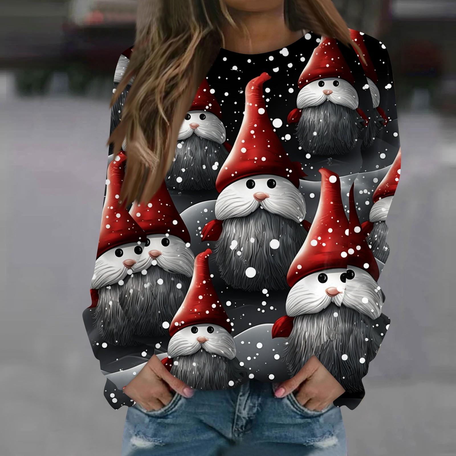 

Женская повседневная мода с рождественским принтом и длинным рукавом с круглым вырезом, пуловер, блузка, толстовка XXXL красный