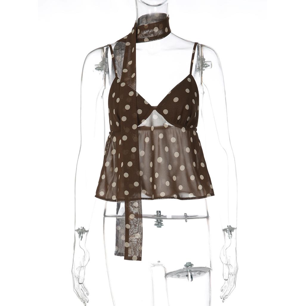 European and American women's clothing winter new fashion Spice Girls pure desire wind V-neck halter polka dot sling small vest
