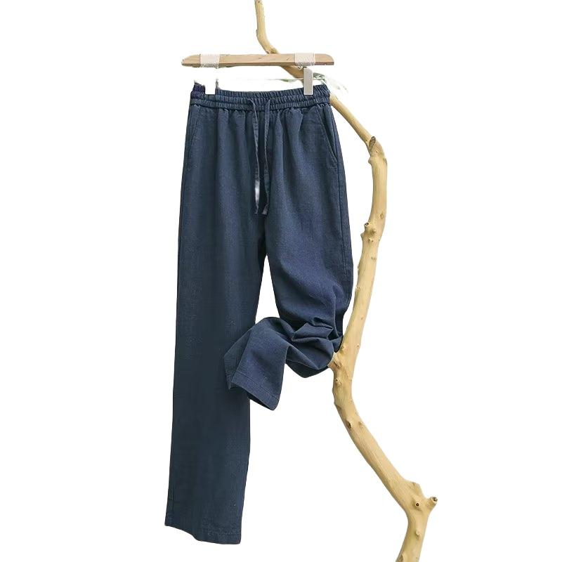Pánské letní lněné prodyšné kalhoty z čistě barevného lnu, slim střih, volné, rovné, z lnu, ležérní