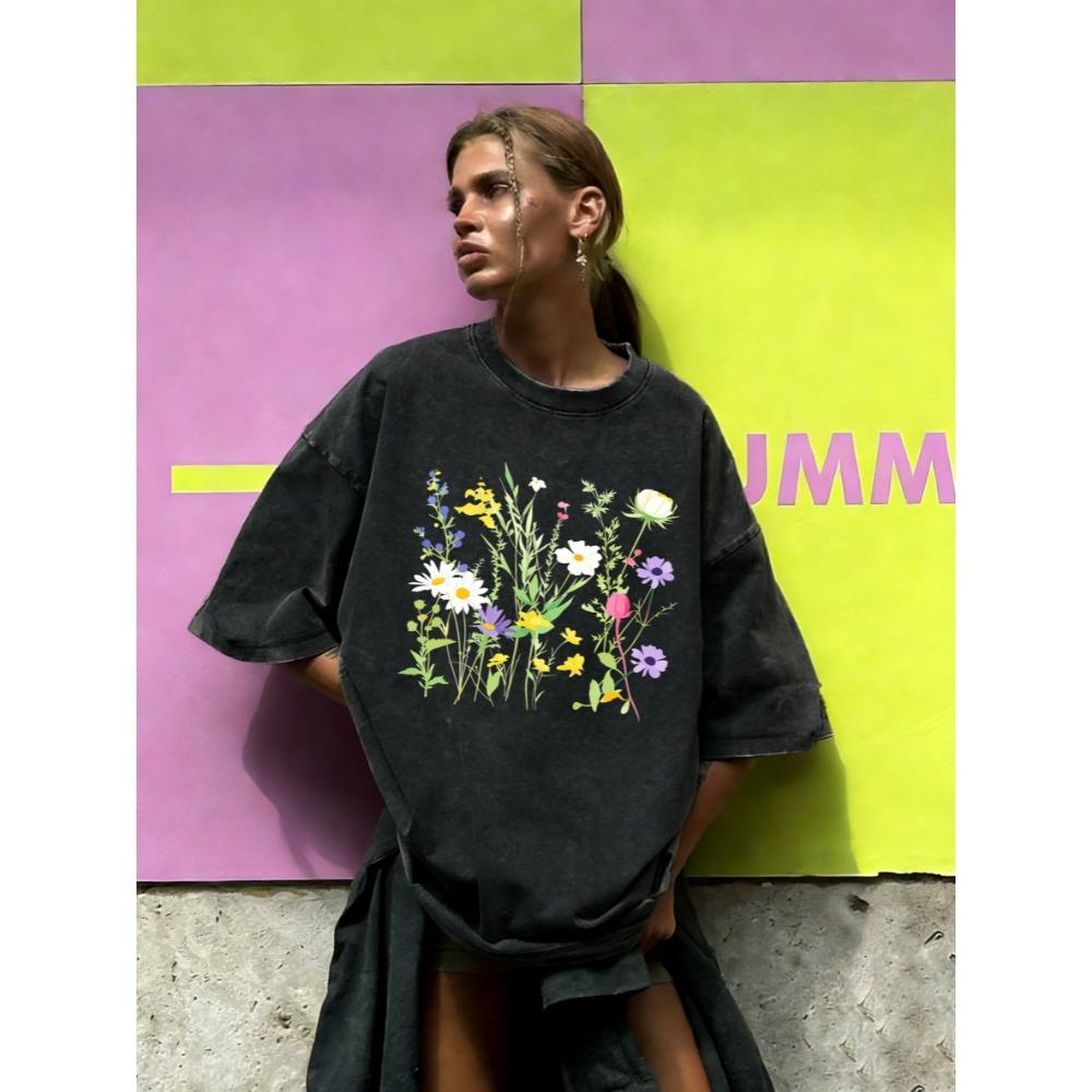 Various Flowers And Green Leaves Design Washed T-Shirt Women Cotton Vintage Short Sleeves Sportswear Summer T Shirt