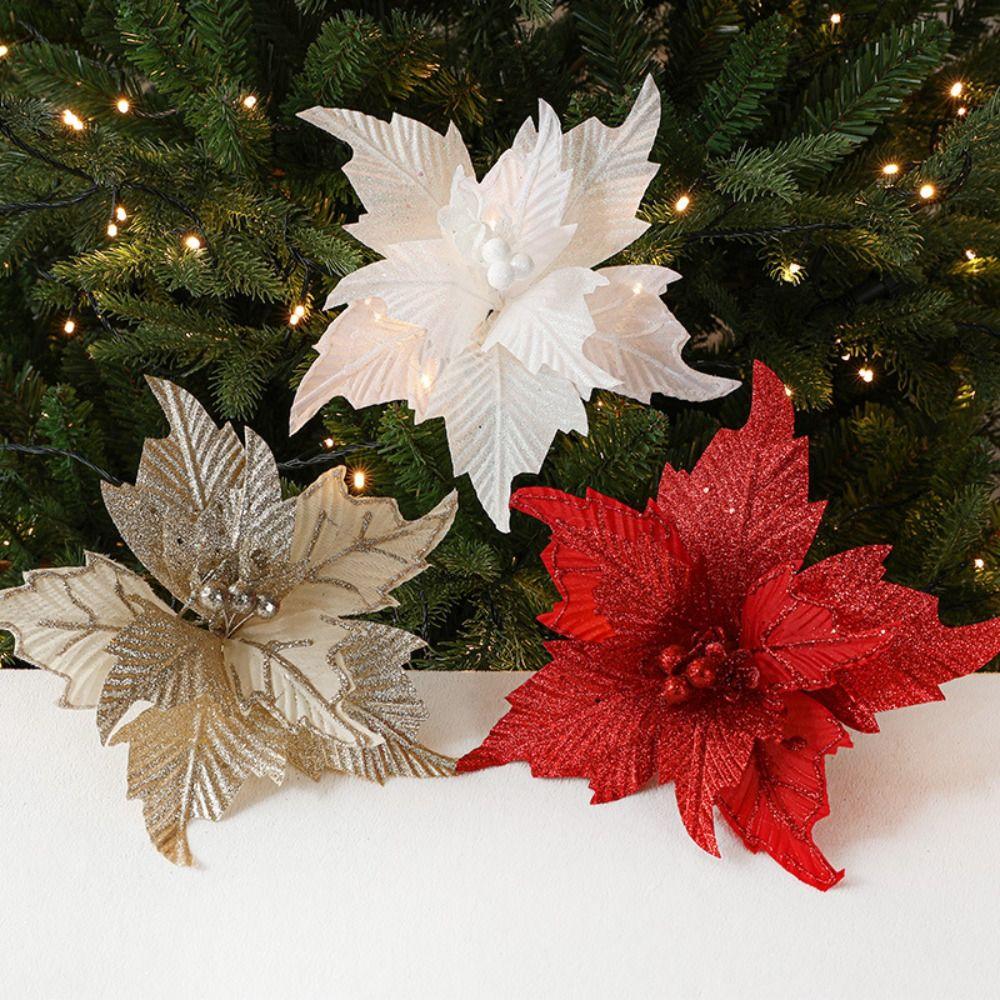 2pcs 26cm Christmas Glitter Flower DIY Simulation Artificial Poinsettia Flower Festival Hanging Christmas Tree Decorations