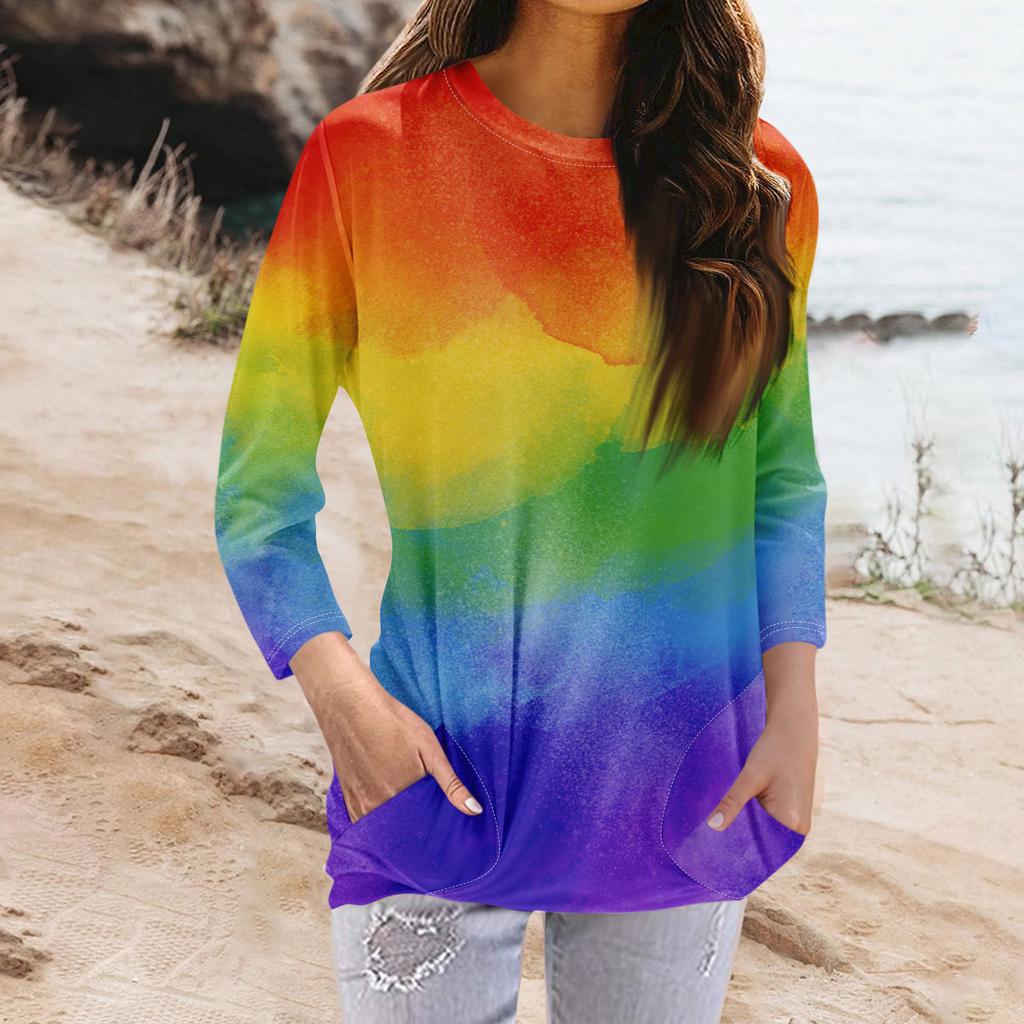 Dámská móda ležérní tričko s kulatým výstřihem a 3/4 rukávem s kapsou