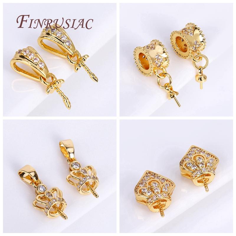 18K Real Gold Plated Zircon-Set Pearl Pendant Mounting For Necklace Making,3mm Cup Peg Drop Pendant Connectors DIY Accessories