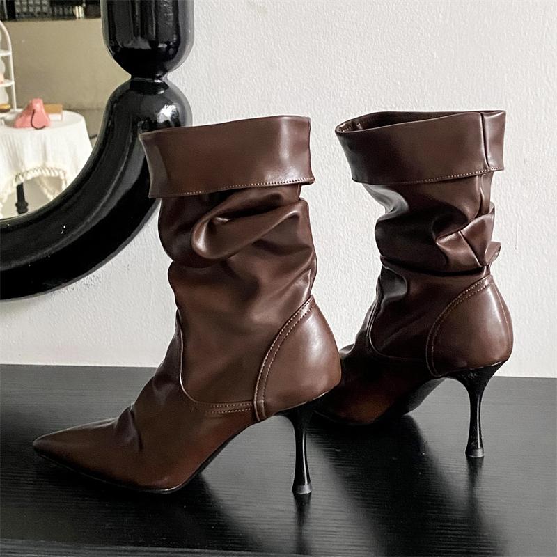 Autumn Design Pleated Women Ankle Boots Sexy Thin High Heels Pointed Toe Shoes Modern Short Botas Para Mujer