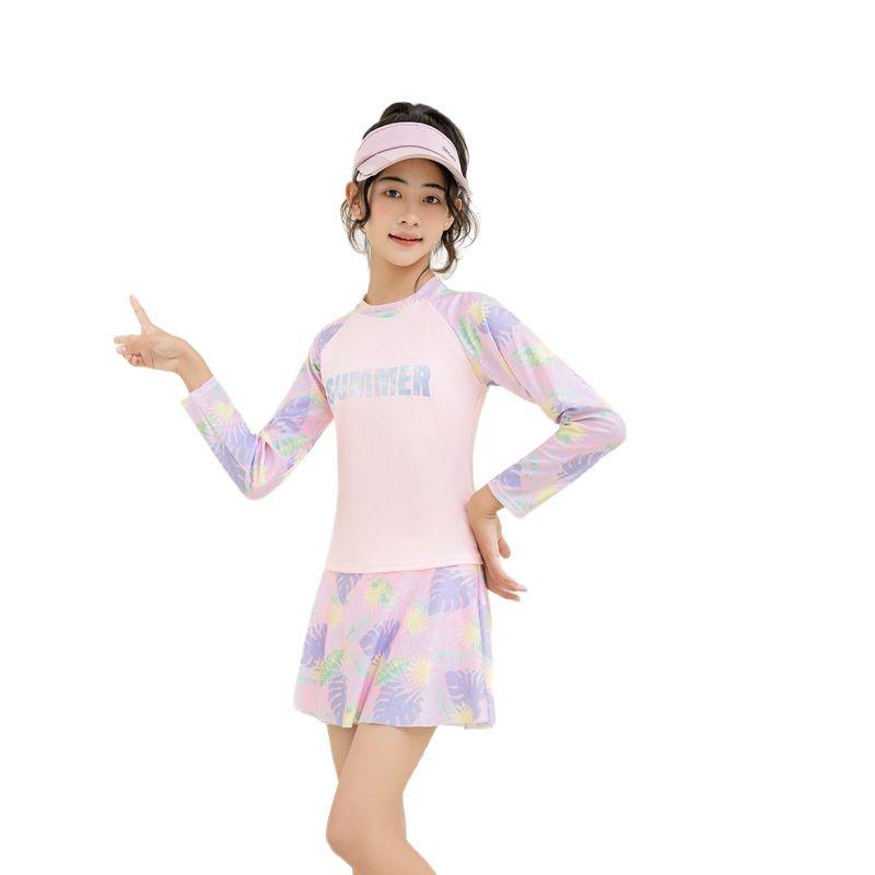 Girls' Long Sleeve One-Piece Skirt Swimsuit for Beach & Hot Springs