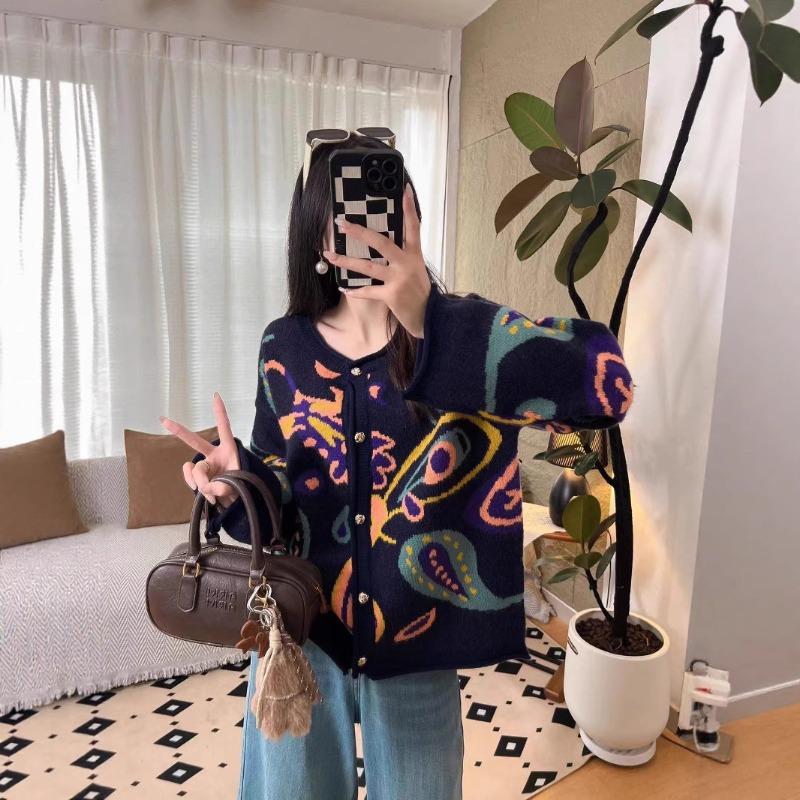 Autumn New Retro Crimped Women's Knitted Top Cardigan Contrasting Color Loose Lazy Wind Sweater Women