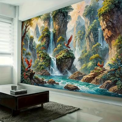 Naturlandschafts-Wandteppich mit Tieren und Wasserfall, weiches Polyester-Wandbehang für ruhige Schlafzimmer- und Wohnzimmerdekoration