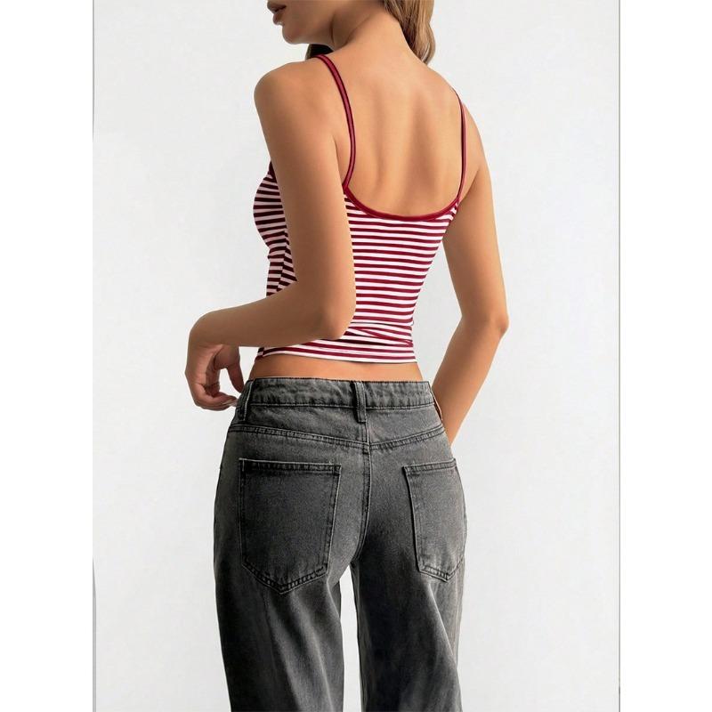 Damen gestreiftes quadratischer Ausschnitt schmal geschnitten Spaghettiträger Crop Camisole Tanktop
