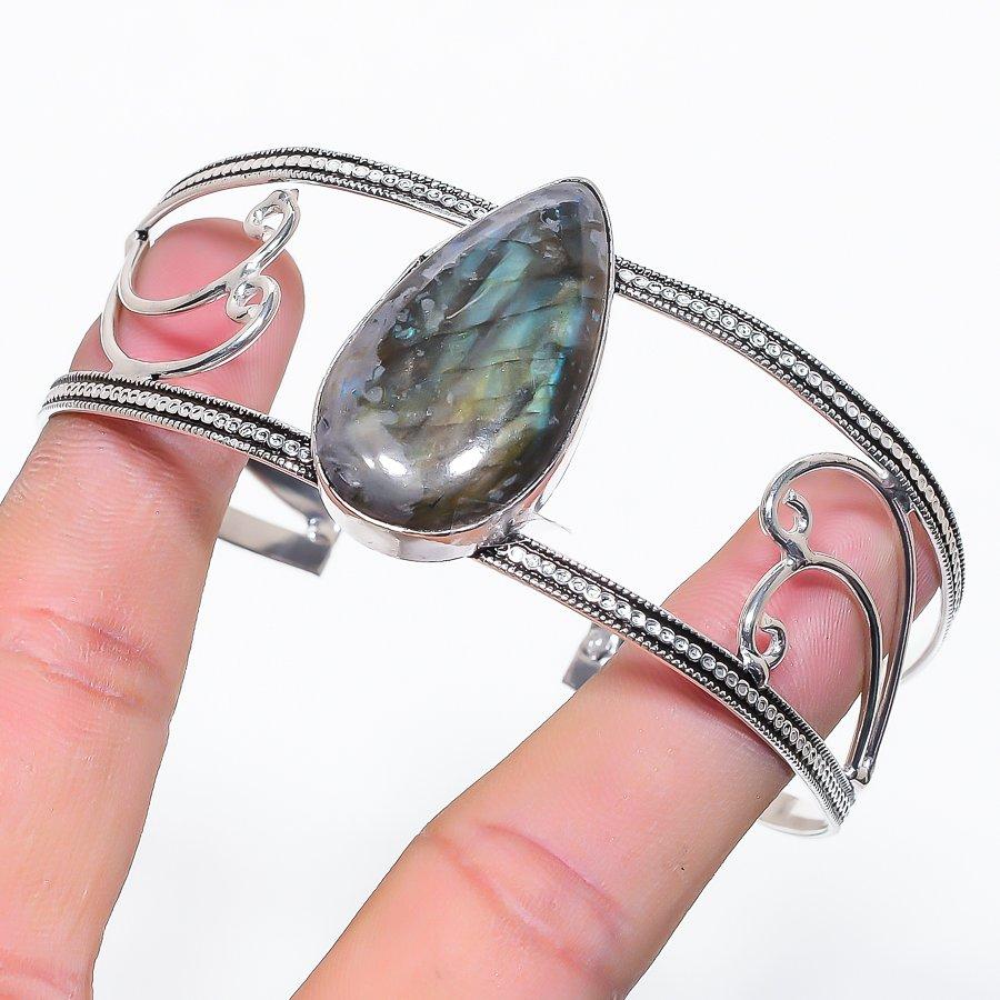 

Natural Labradorite Gemstone 925 Sterling Silver Cuff Bangle Adjustable P6c98
