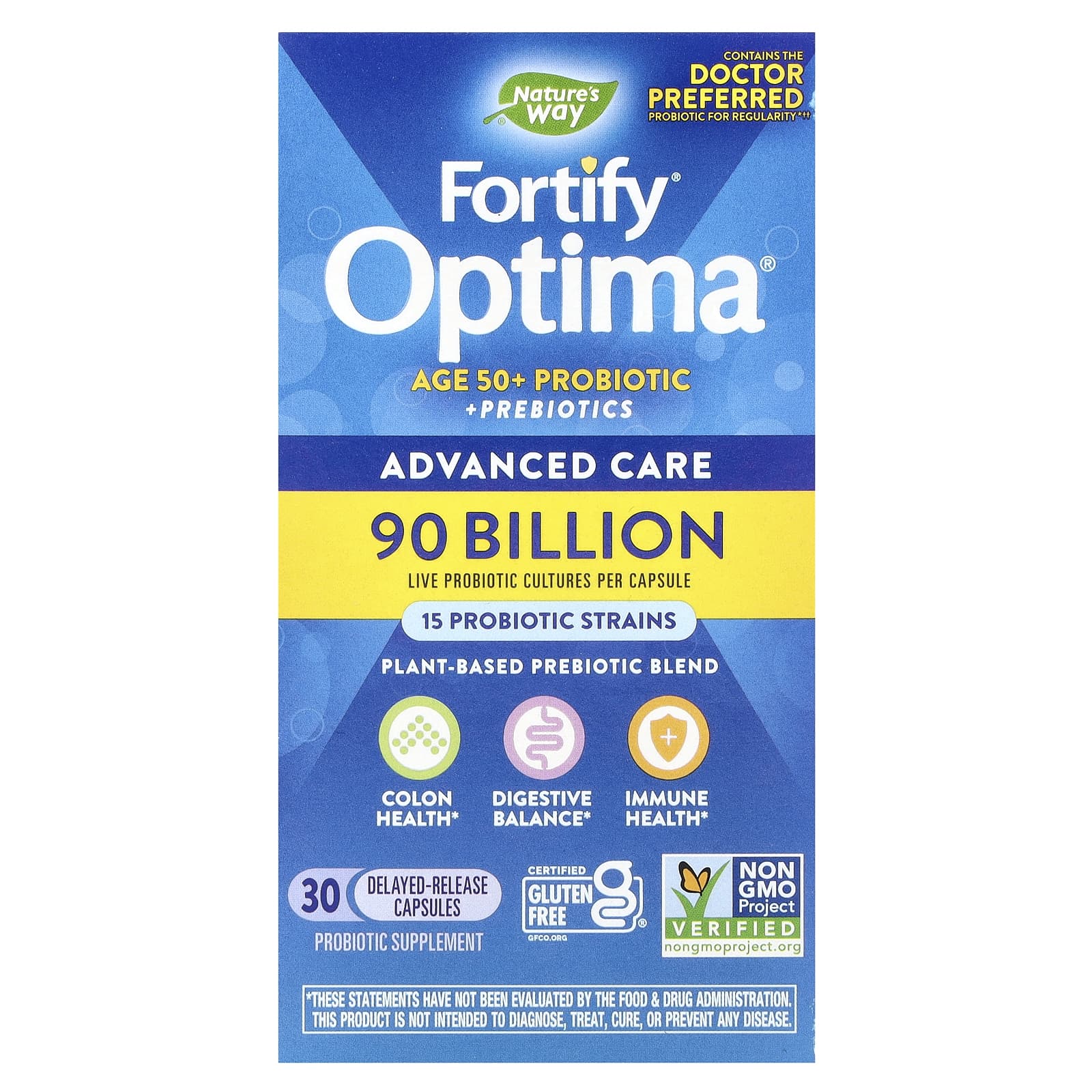 

Nature s Way, Fortify Optima, 50+ Probiotic + Prebiotic, Advanced Care, 90 Billion CFU, 30 Delayed-Release Capsules