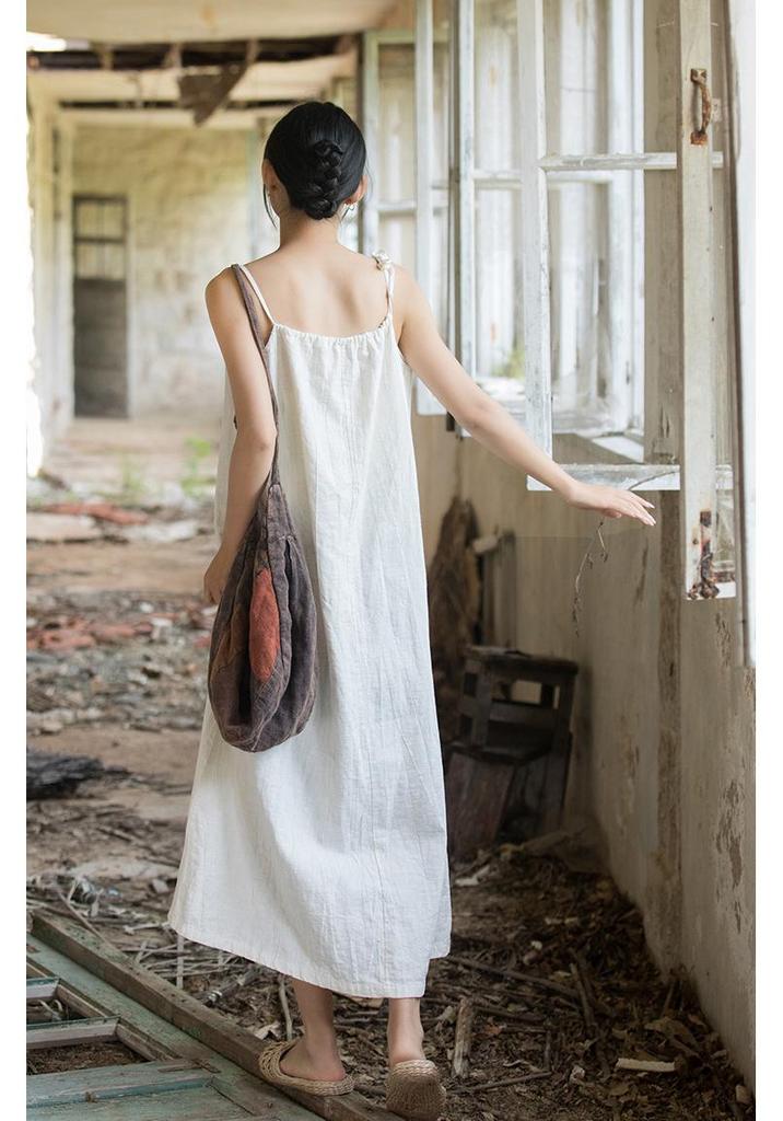 Linen Tie-Dye Adjustable Strappy Dress - Retro French Elegant Casual Wear for Spring and Summer
