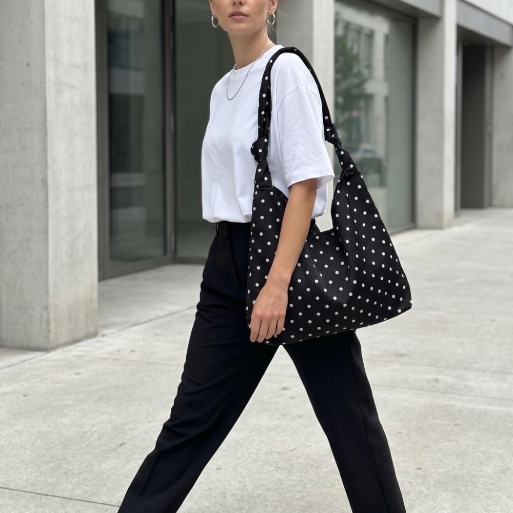 Sweet Polka Dot Tote Bag Spacious Bow Tie Handbag Travel Canvas Shoulder Bag Daily Use