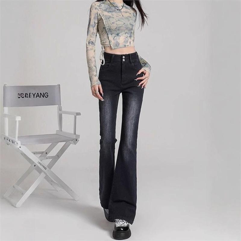 Women's Black-Grey High-Waisted Micro-Flare Jeans, Fleece-Lined, Slimming, Horseshoe Flare, Autumn/Winter 2025 New Arrival, Double-Breasted.