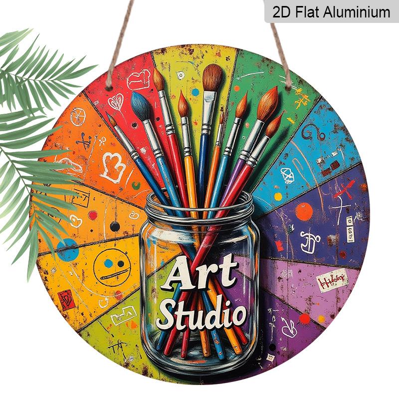 2D Flat, Vintage Art Studio Wall Sign - Round Palette & Brushes Design - Colorful Retro 2D Flat Metal Art for Artist Studio, Cafe, Decor - Durable 1pc