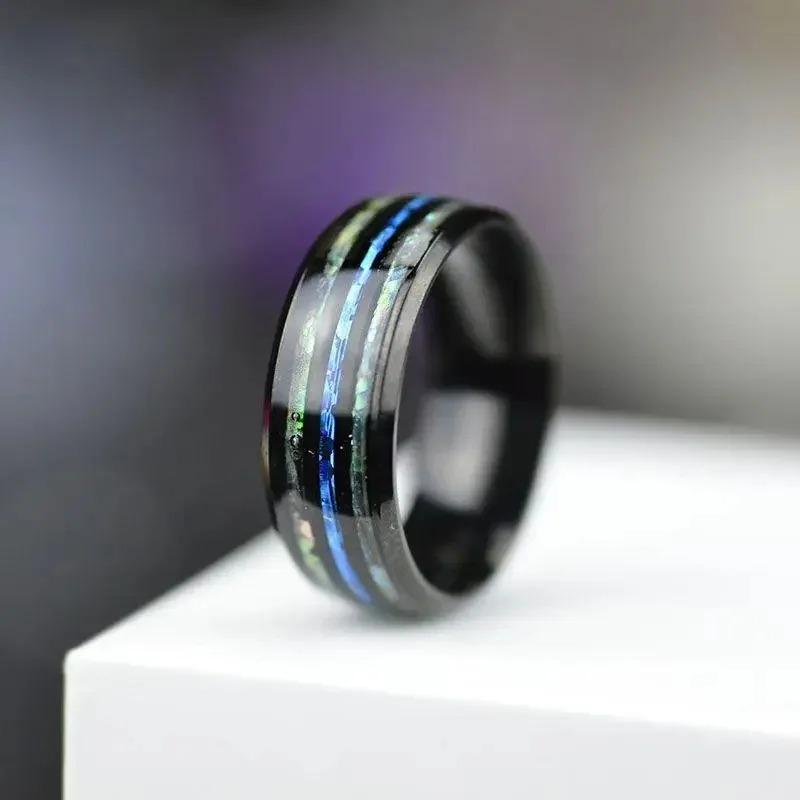 Bagues Homme 8mm Acier Inoxydable Mode Imitation Opale Bleue et Nacre Bagues pour Homme Femme Bijoux de Mariage Cadeaux d'Anniversaire